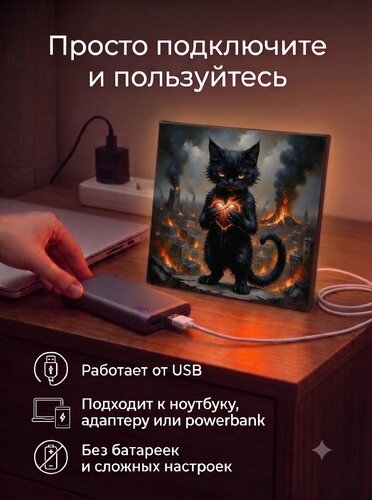 Картина-ночник «Котик с сердечком среди огней» 20 × 20 см — x3mGift — фото 1 из 1