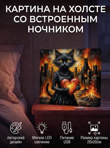 Картина-ночник «Котик с сердечком в осенней сказке» 20 × 20 см — x3mGift — фото 1 из 1