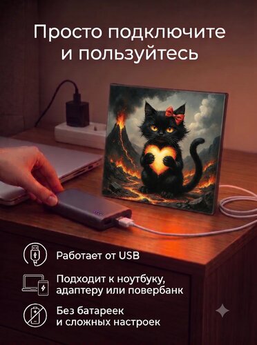 Кошечка с бантиком и сияющим сердечком — картина с котиком