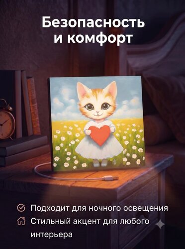 Белая кошечка с сердечком — картина с котиком