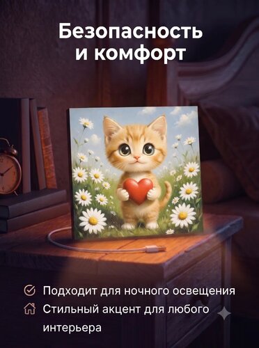 Рыжий котик с сердечком в ромашках — картина с котиком