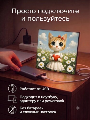 Кошечка с бантиком и сердечком в ромашках — картина с котиком