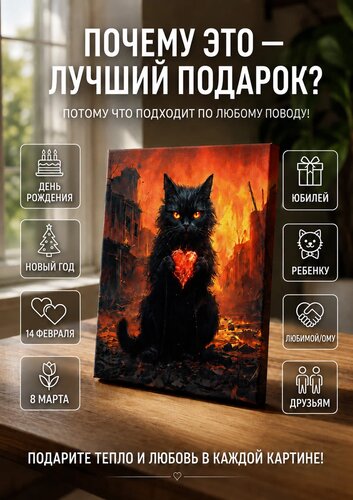 Котик с сердечком в огненном лесу — картина с котиком