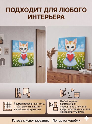 Белая кошечка с сердечком — картина с котиком