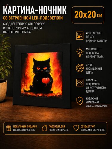 Котик с сердечком в пламени — картина с котиком