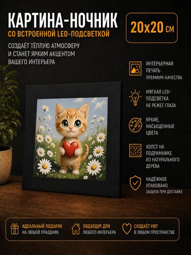 Рыжий котик с сердечком в ромашках — картина с котиком