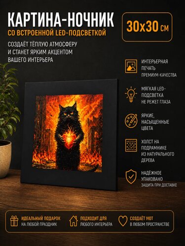 Картина с паспарту «Котик с сердечком в огненном лесу» 30 × 30 см — x3mGift — фото 1 из 1
