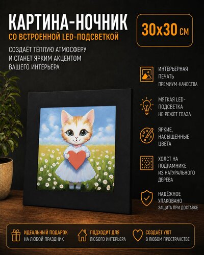 Картина с паспарту «Белая кошечка с сердечком» 30 × 30 см — x3mGift — фото 1 из 1