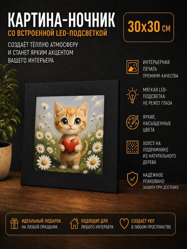 Картина с паспарту «Рыжий котик с сердечком в ромашках» 30 × 30 см — x3mGift — фото 1 из 1