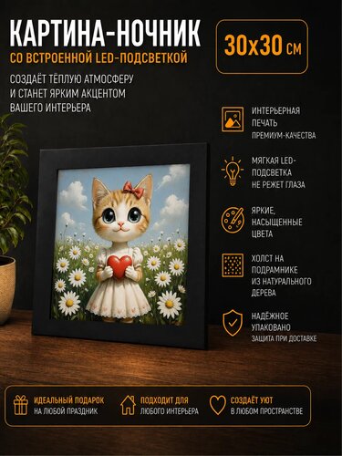 Картина с паспарту «Кошечка с бантиком и сердечком в ромашках» 30 × 30 см — x3mGift — фото 1 из 1